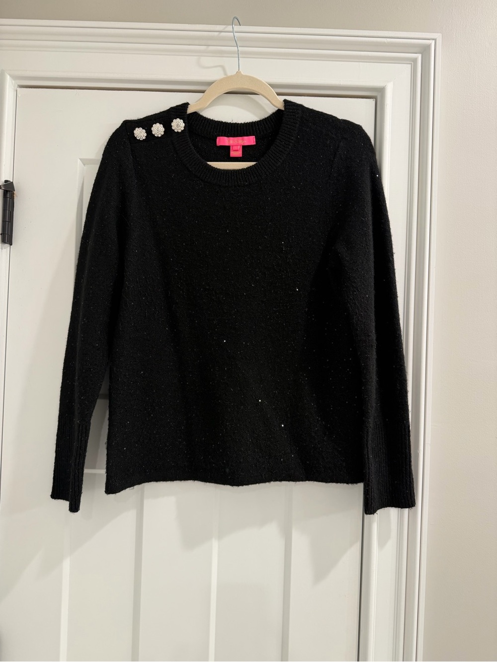 Lilly Pulitzer Black Crewneck Sweater with Pearl Shoulder Buttons